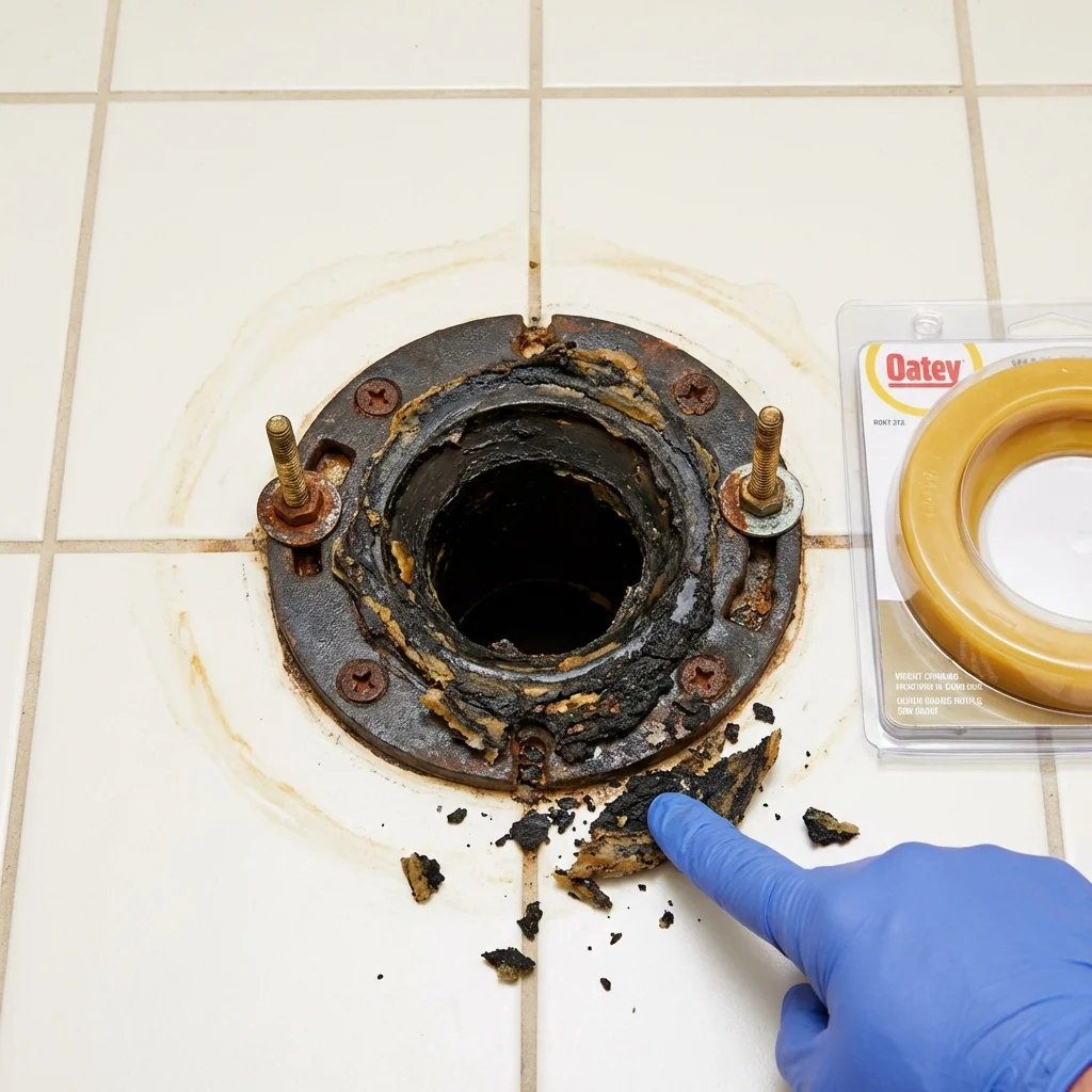 Failed wax ring showing water seepage at the base of a toilet in a Kent, OH home