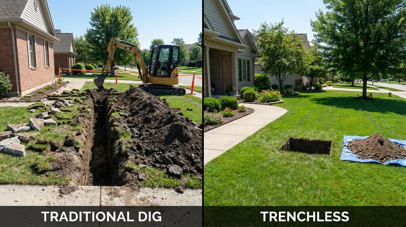 Trenchless sewer repair with minimal yard damage versus traditional excavation in Kent, OH